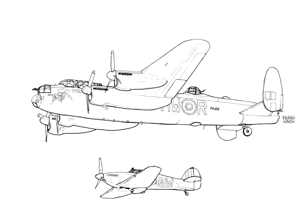 Lijntekening Lancaster bommenwerper en Hurricane