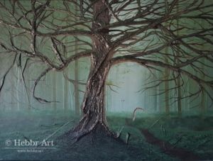Schilderij Doler, grote boom voor bos, met uil