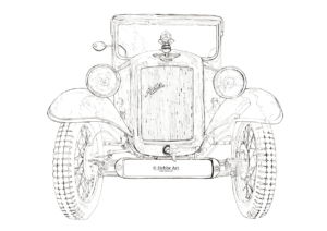 Oldtimer Austin, inkt op papier